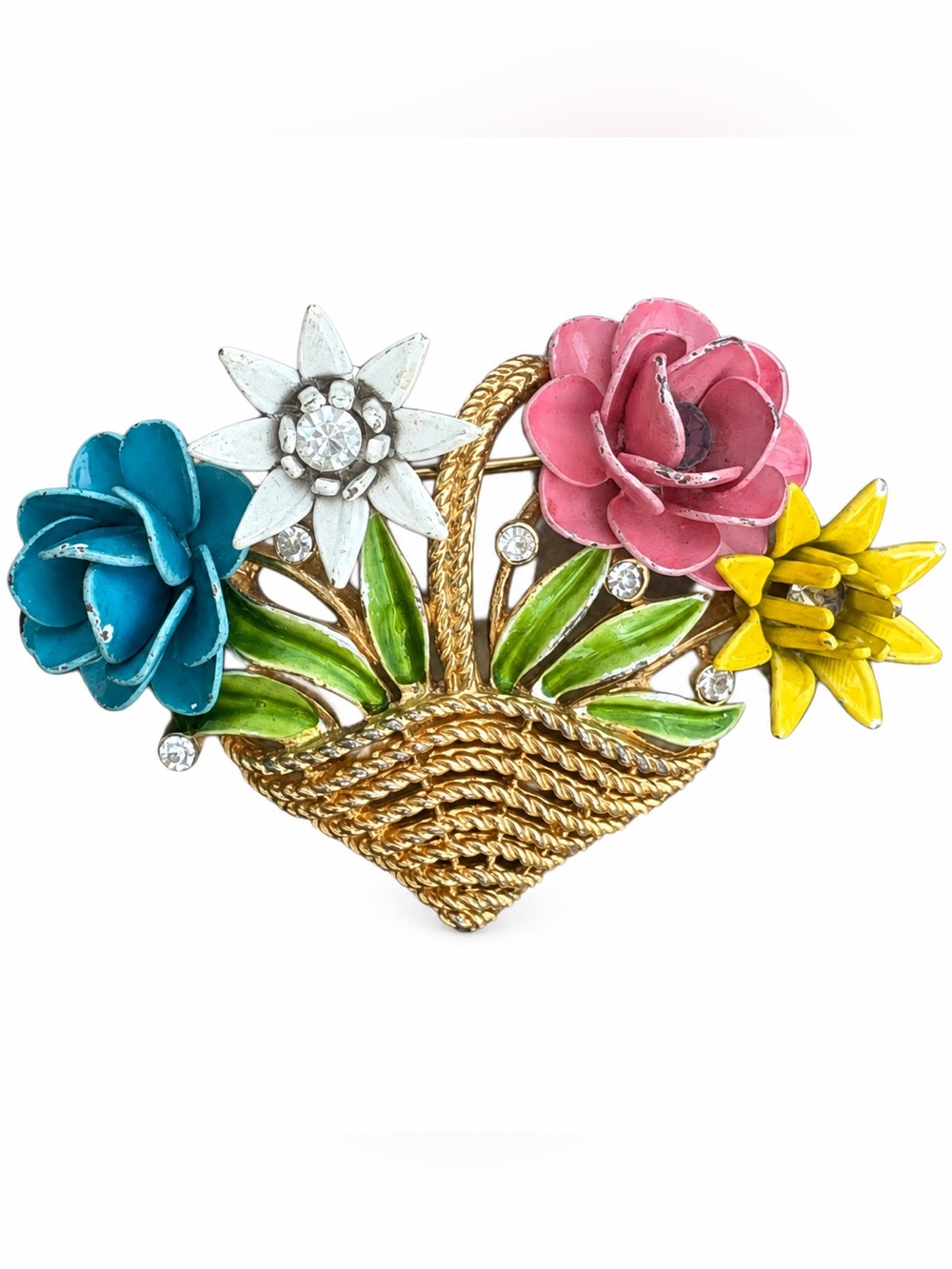 Vintage Crown Trifari Brooch: Enamel Flower Basket Pin rare gold tone